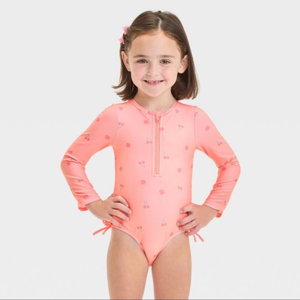 Cat & Jack Long Sleeved Half Zip One Piece Rash Guard Bathing Suit 18M Pink